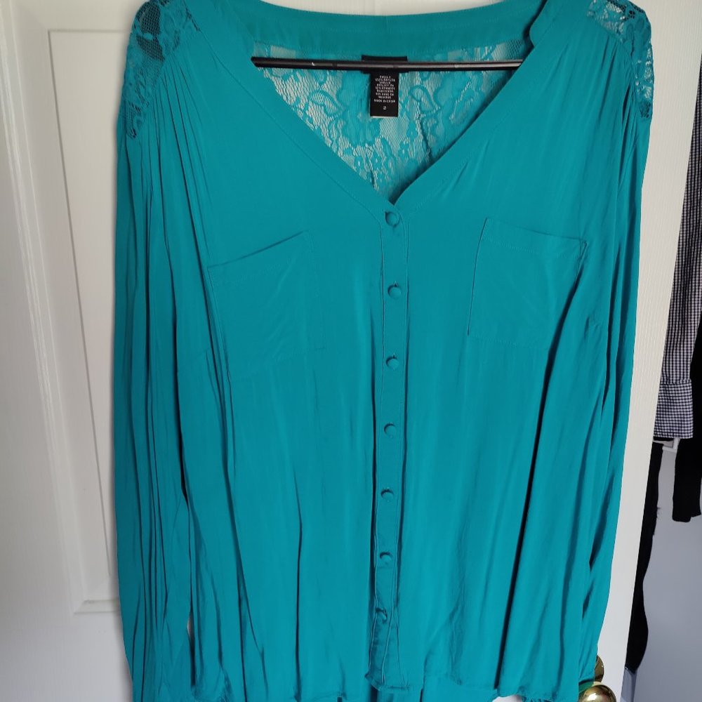 Teal torrid button down blouse with lace top 2x